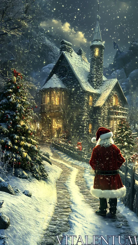 Snow-covered stone cottage with Santa figure on pathway