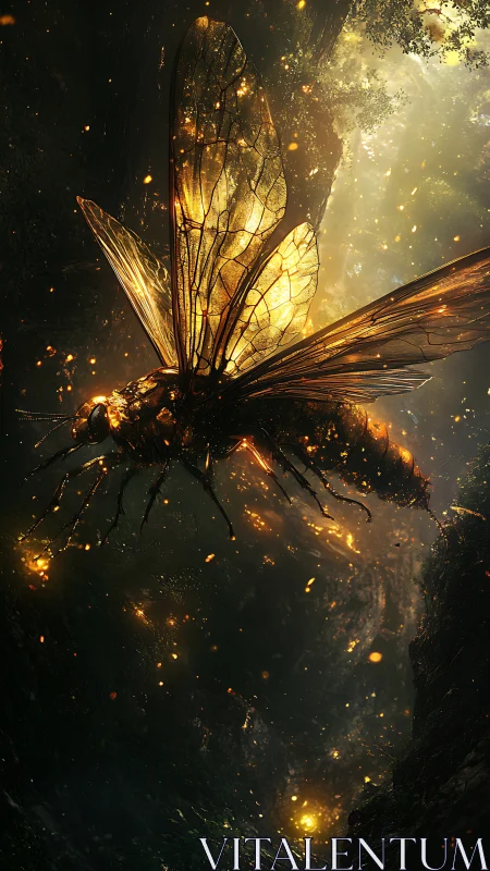 Glowing insect with crystal wings hovers in dark forest gorge