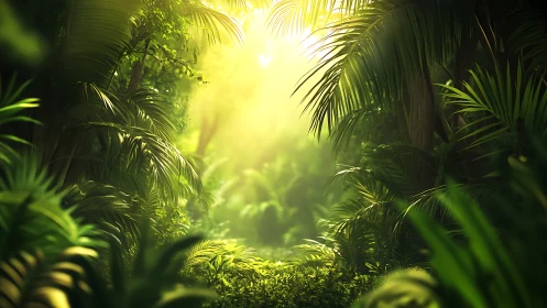 Diffused sunlight filtering through layered tropical foliage canopy.