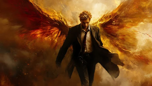 Fierce winged wanderer walking through golden firestorm.