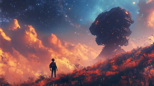 Lone explorer confronts colossal alien structure at dusk sky