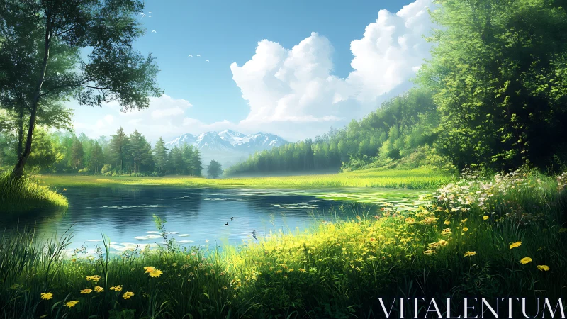 Sunny mountain lake with wildflowers and dense green forest.