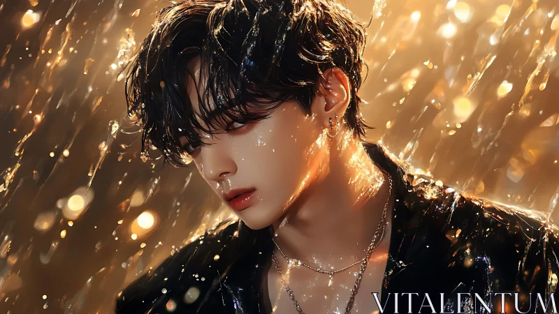 Rain-slicked daydream boy glows beneath molten city lights