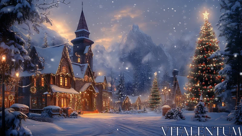 Snow covered village street displays illuminated Christmas lights