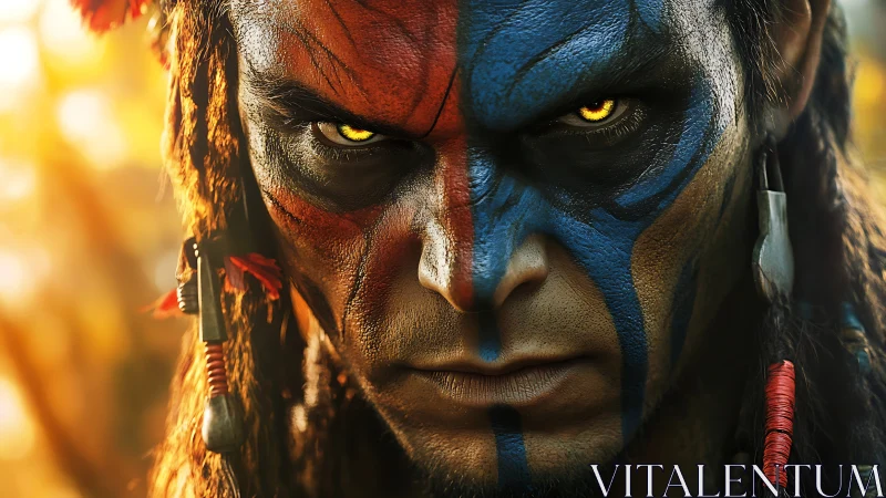 Warrior portrait with tribal face paint and braided hair.