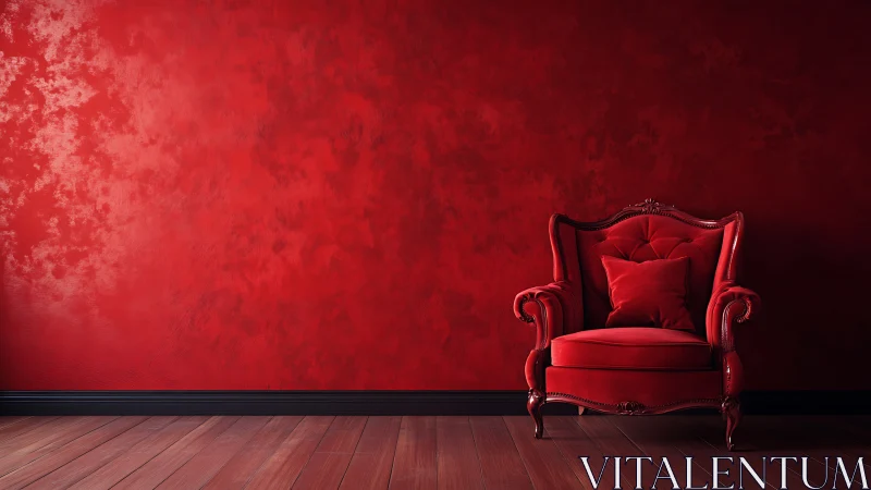 Red velvet armchair rests against textured crimson wall