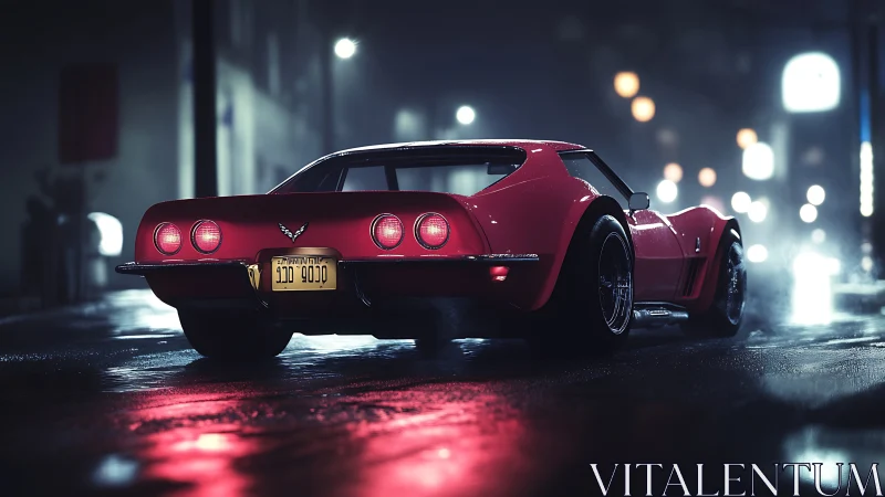 Red classic sports coupe sits on wet city street at night