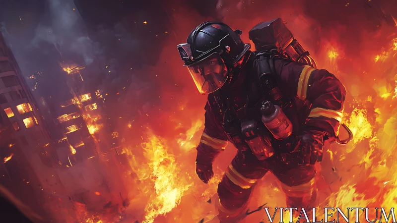Firefighter in Inferno: Emergency Response Through Towering Blaze.