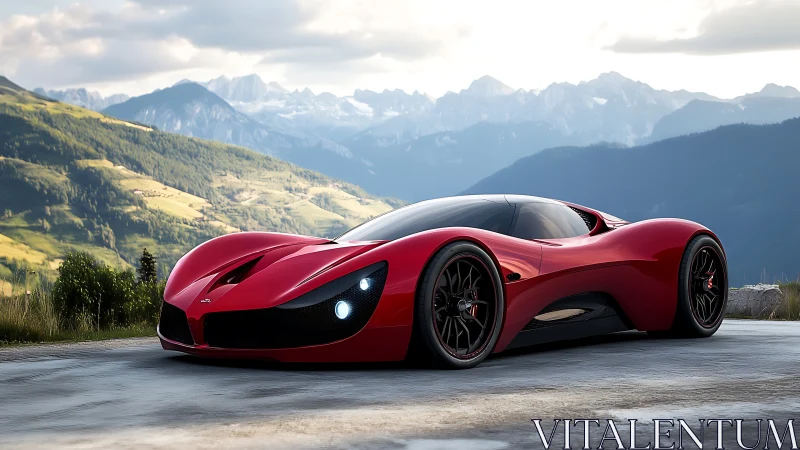 Crimson supercar prowls alpine ribbon road at dusk.