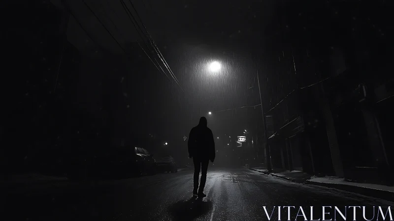 Backlit lone figure traverses rain‑soaked nocturnal street scene