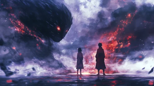 Biped silhouettes confront colossal ember-lit shadow entity across void