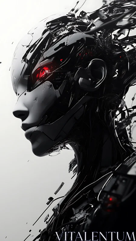 Fragmented black humanoid android head with red optical elements.
