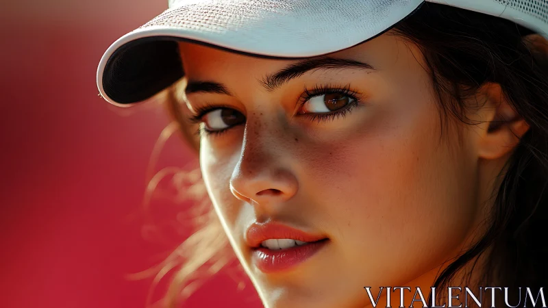 Sunlit close-up portrait under white sports visor cap.