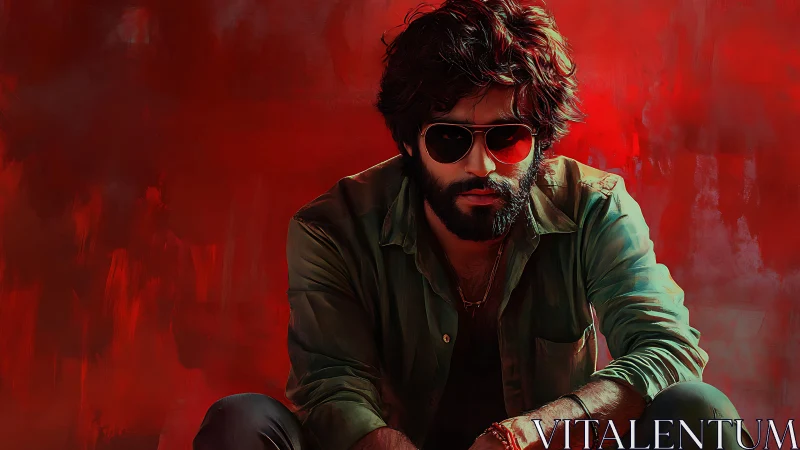 Bearded man in sunglasses before red abstract backdrop.