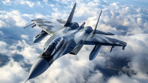 Twin‑engine tactical fighter jet above stratocumulus deck.