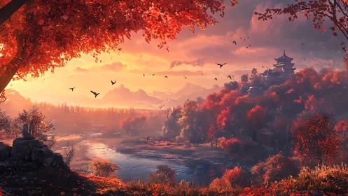Autumn temple sunrise over a tranquil misty river valley.