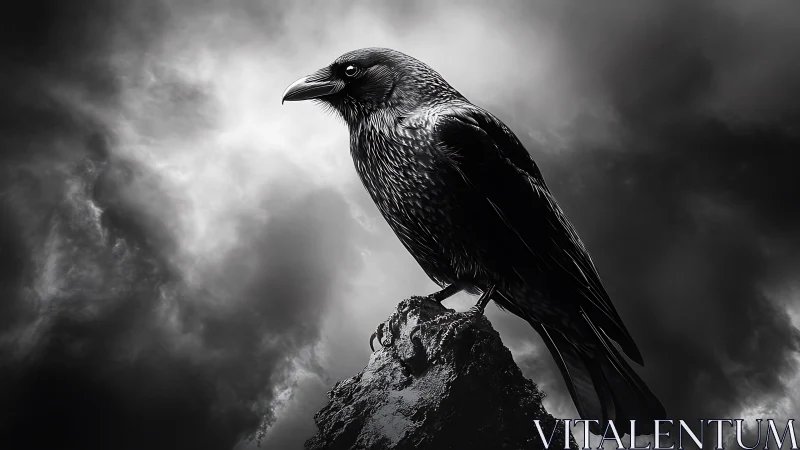 Raven stands on rock against dense monochrome cloud field
