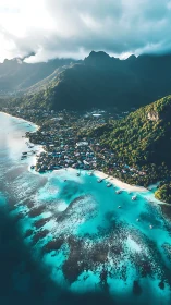 Tropical island bay with turquoise waters and mountain peaks.