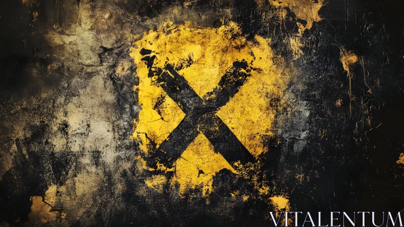 Grunge Black X Mark on Distressed Yellow Painted Wall Texture.
