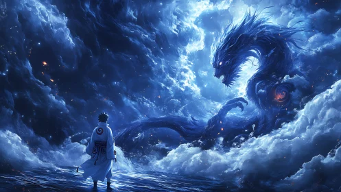Solitary cloaked figure observes large dragon form in clouds