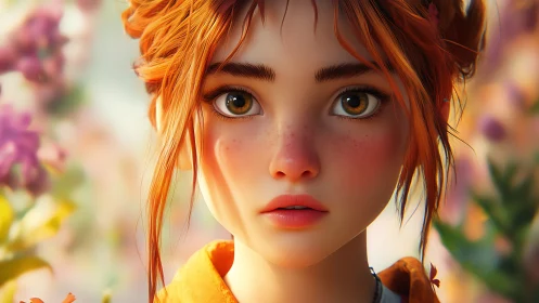 Freckled redhead portrait with cinematic bokeh garden glow.