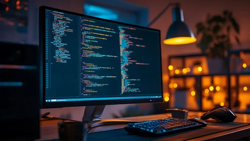 Developer workstation with code under warm cinematic lighting.
