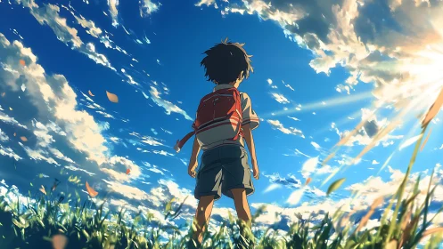 Bright summer sky welcomes a young backpacked dreamer