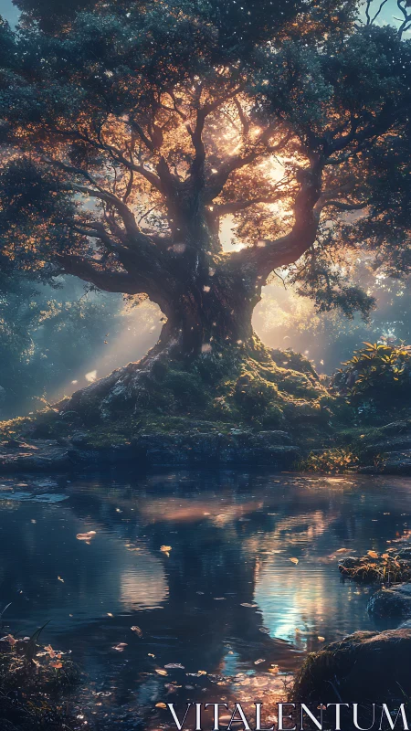 Ancient river-rooted tree drinks stray sunbeams and stories