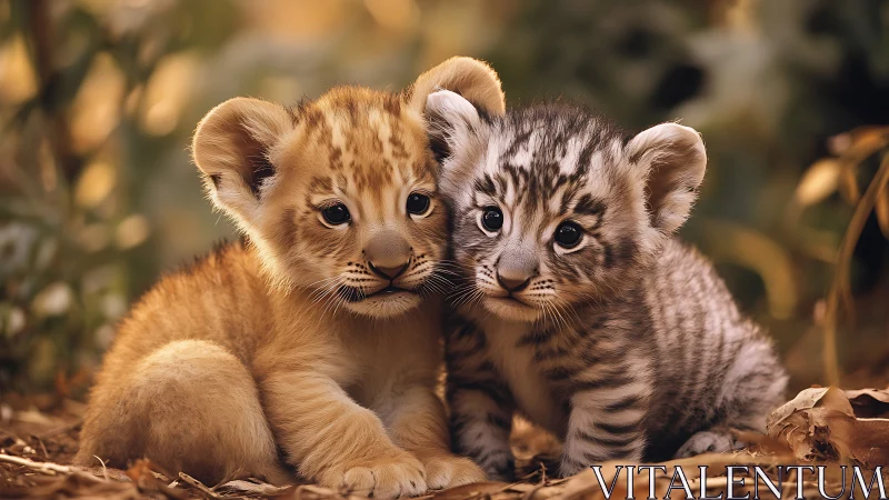 Striped Siblings: Two Young Big Cats Strike Adorable Poses Together.