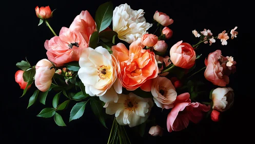 Luminous Botanical Arrangement Against Black Background Study.