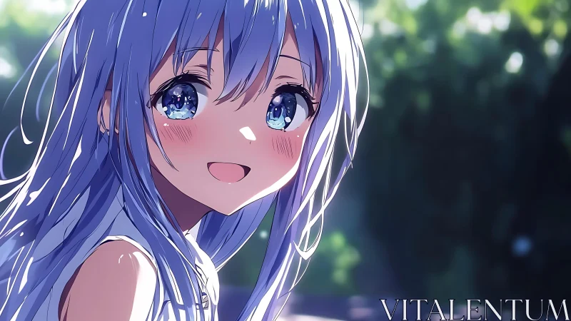 Sunlit blue haired girl laughs softly into summer air
