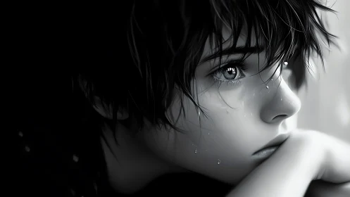 Softly lit anime portrait of quiet tears and reflection.