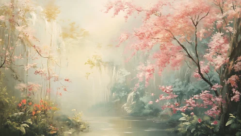 Whispered springlight drifts through a misty blossom river