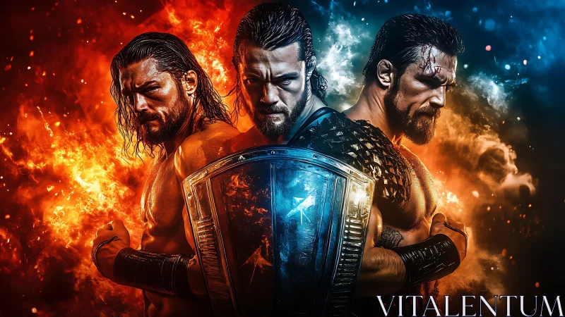 Three battle-hardened warriors stand united in fiery power