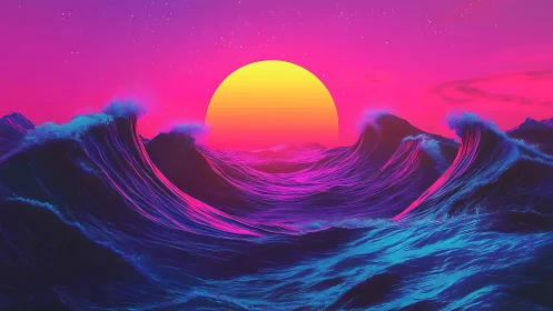 Neon ocean waves rise beneath glowing synthwave sun.