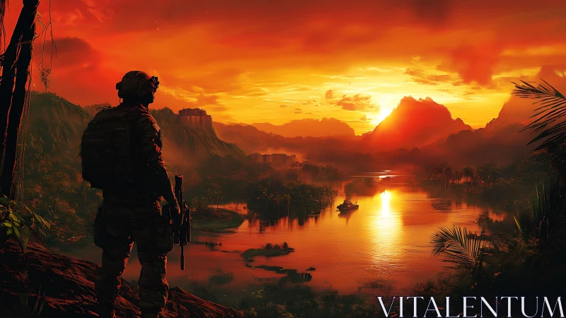 Tactical soldier silhouette over cinematic sunset river valley.