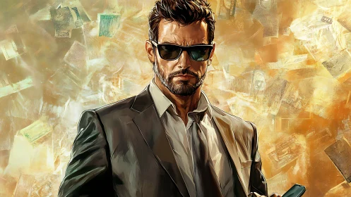 Money-lit skyline crowns the suited fixer in sharp silence