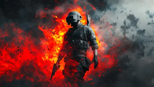 Battle-hardened hero strides through blazing red firestorm.