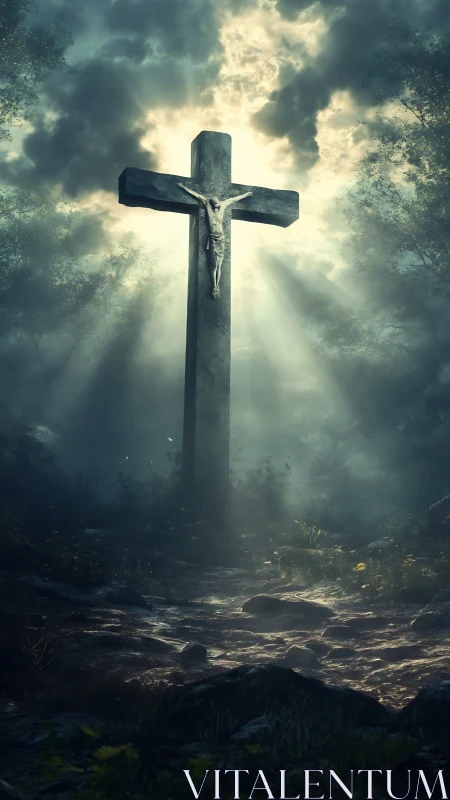 Lone stone crucifix drinking dawnlight in a misted forest.