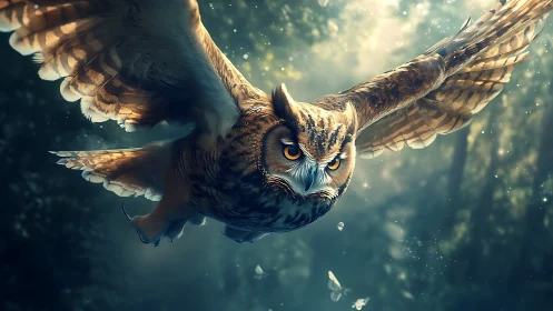 Majestic owl in flight through enchanted forest, digital realism.