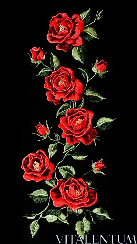 Crimson Blooms Cascade: Vintage Red Roses on Midnight Canvas.