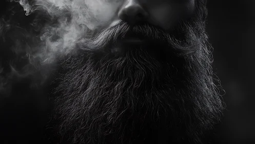 Low-key portrait of bearded man with drifting smoke plume.