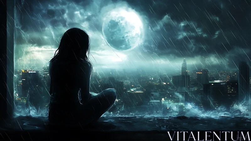 Silhouetted figure studies rain-soaked cyberpunk skyline under full moon
