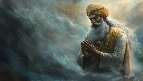 Gentle elder in golden robes bows quietly within soft clouds