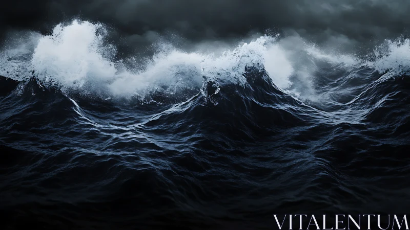 Storm-driven ocean swells rise under dense, cinematic clouds