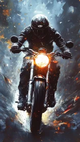 Motorcyclist charging forward through sparks and smoke