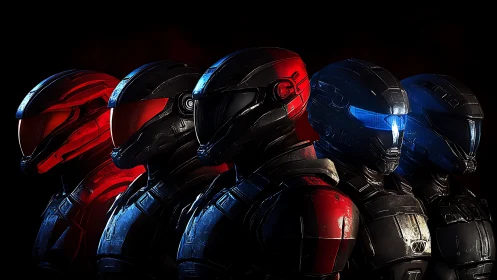 Armored sci fi soldiers lined up with red and blue visors.