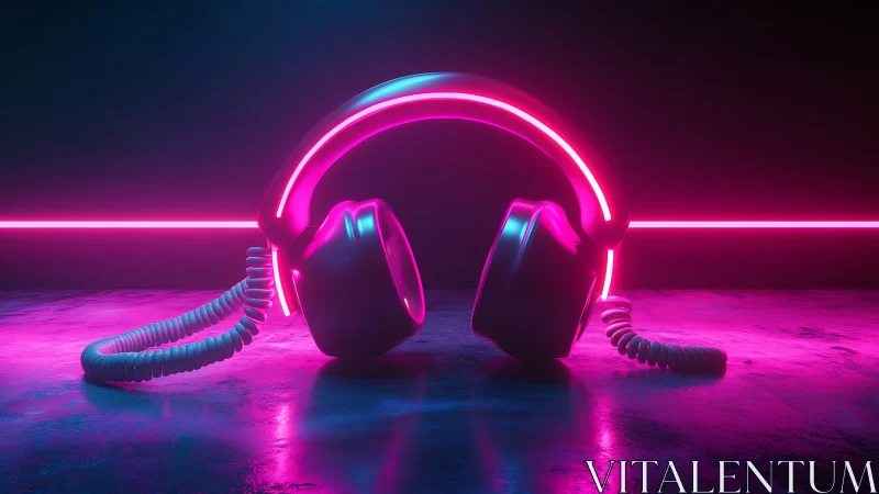 Neon pink over ear headphones on reflective dark surface.