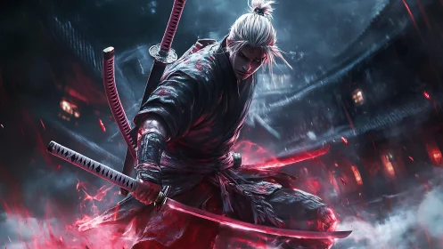 White haired samurai holds glowing red katanas in combat stance