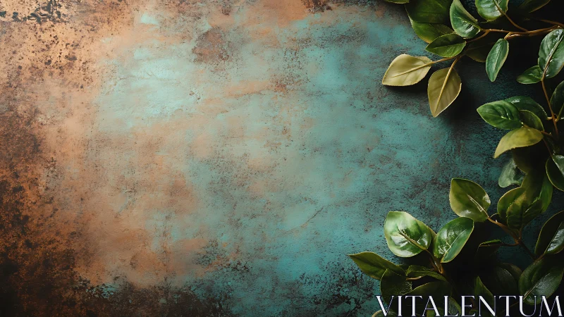 Green leaves frame textured teal and copper background